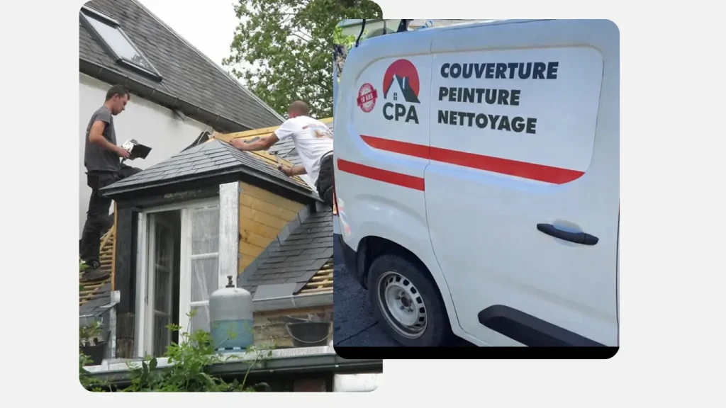 Artisans couvreurs CPA Couverture réalisant une rénovation de toiture sur une maison, avec le camion d’intervention de l’entreprise stationné à proximité